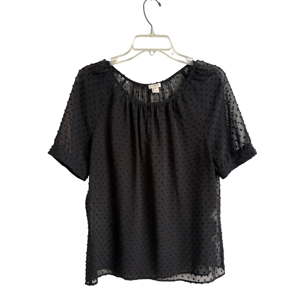 J.Crew Swiss Dot Sheer Blouse Medium Black Short Sleeve Chiffon Peasant‎ Top